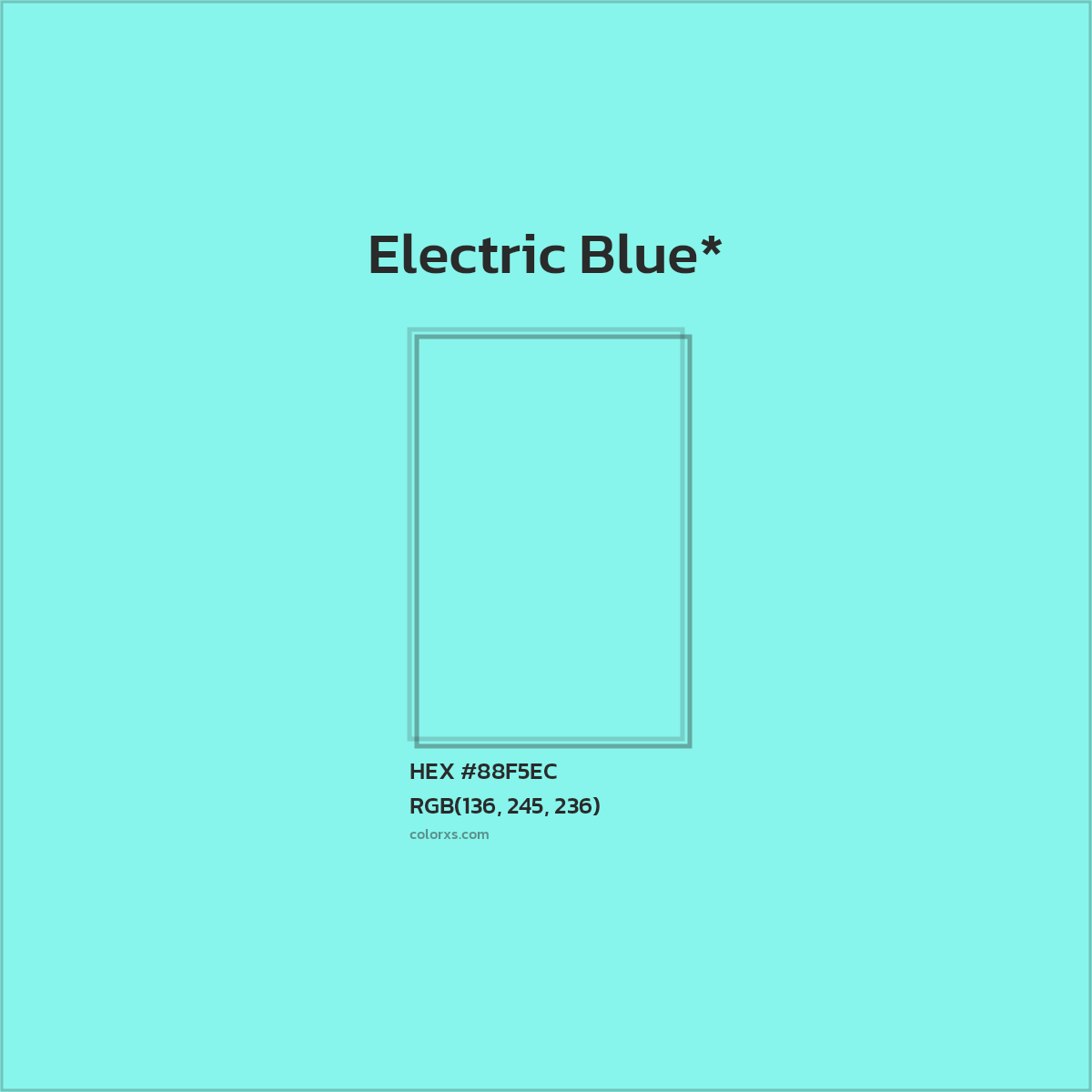 #88F5EC hex color. RGB, RYB, CMYK, HSL, HSV codes and color conversions. Matching color names, palettes, paints.
