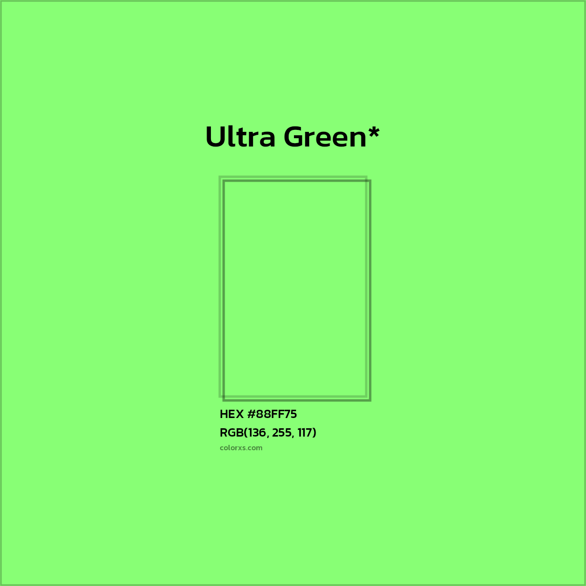 #88FF75 hex color. RGB, RYB, CMYK, HSL, HSV codes and color conversions. Matching color names, palettes, paints.