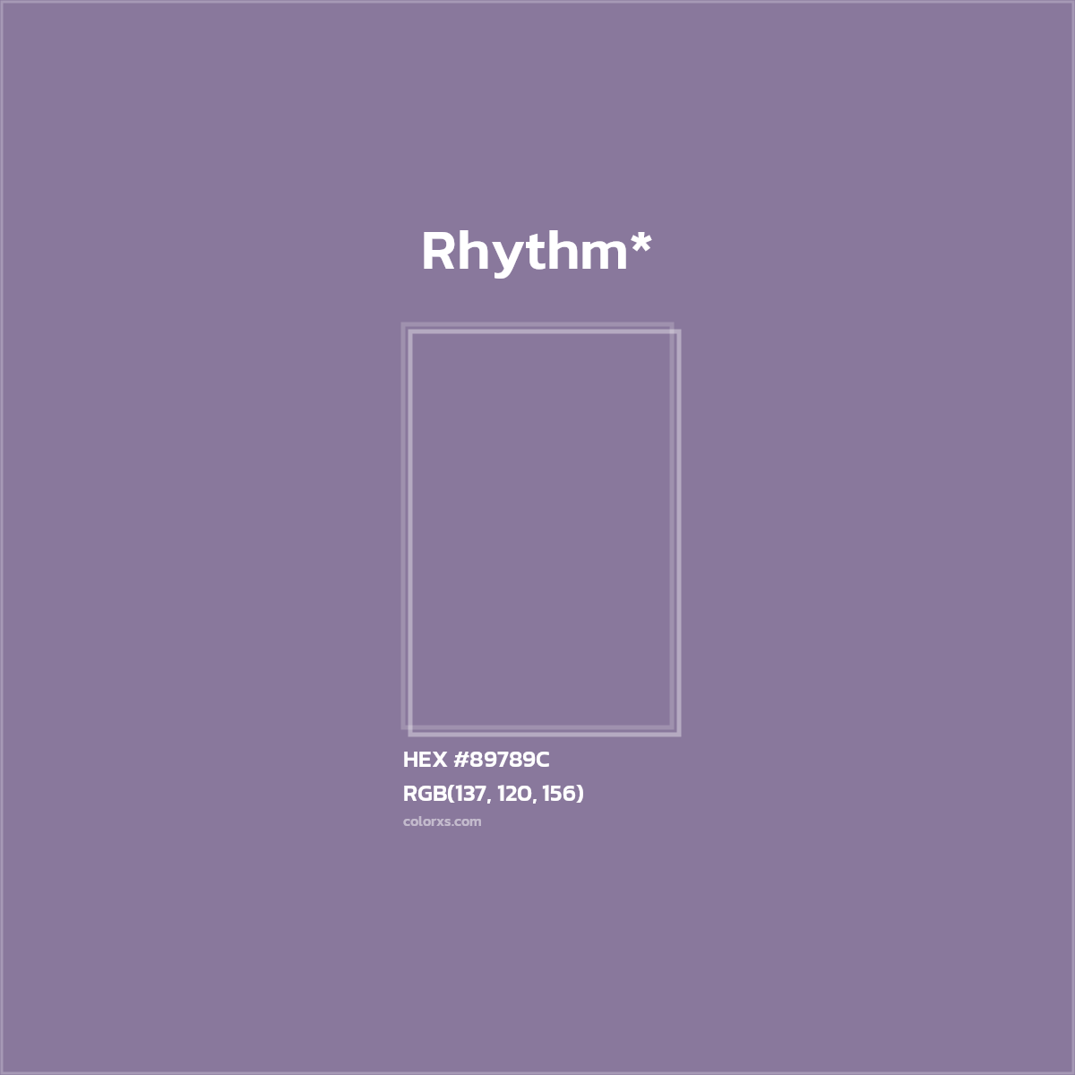 #89789C hex color. RGB, RYB, CMYK, HSL, HSV codes and color conversions. Matching color names, palettes, paints.