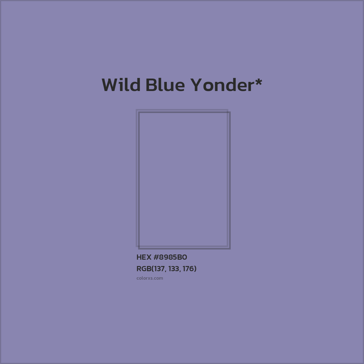 #8985B0 hex color. RGB, RYB, CMYK, HSL, HSV codes and color conversions. Matching color names, palettes, paints.