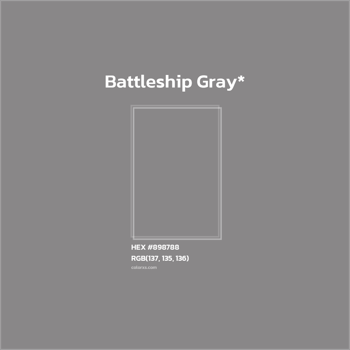 #898788 hex color. RGB, RYB, CMYK, HSL, HSV codes and color conversions. Matching color names, palettes, paints.
