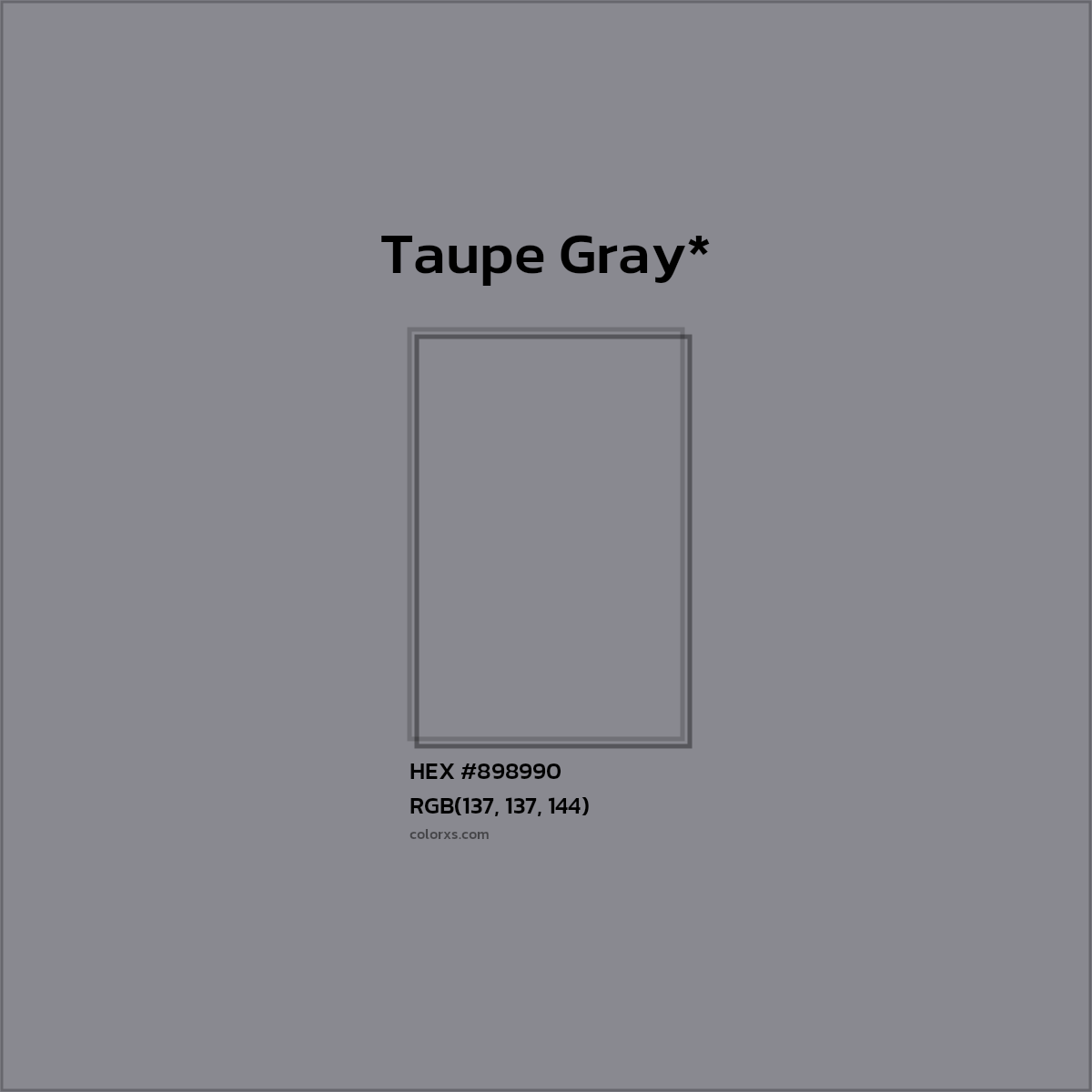 #898990 hex color. RGB, RYB, CMYK, HSL, HSV codes and color conversions. Matching color names, palettes, paints.