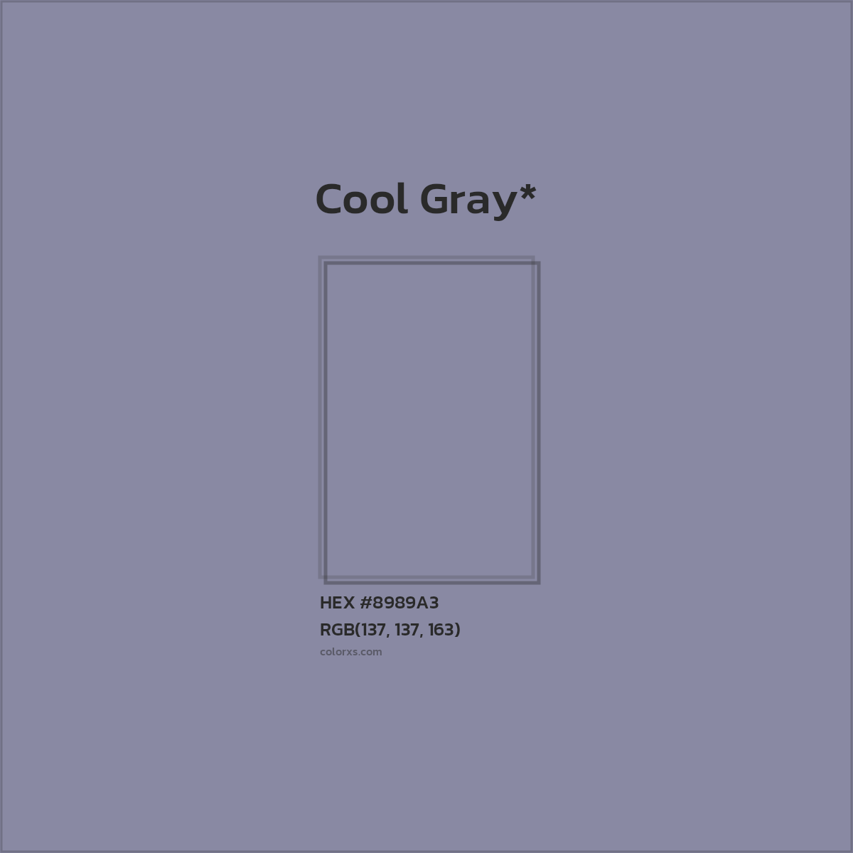 #8989A3 hex color. RGB, RYB, CMYK, HSL, HSV codes and color conversions. Matching color names, palettes, paints.