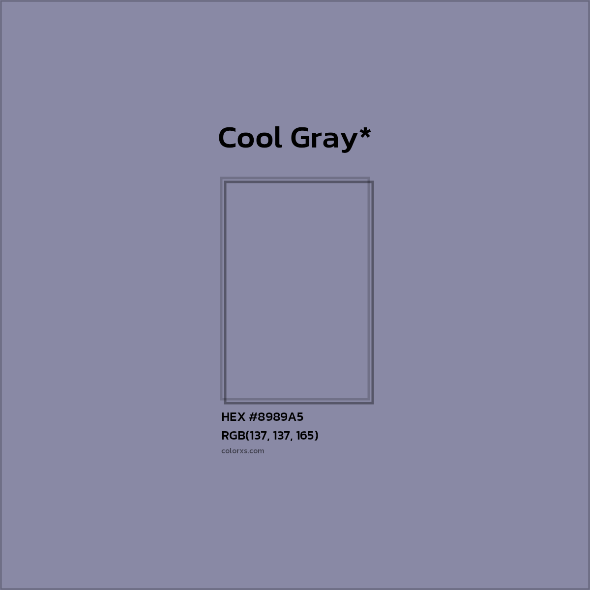 #8989A5 hex color. RGB, RYB, CMYK, HSL, HSV codes and color conversions. Matching color names, palettes, paints.