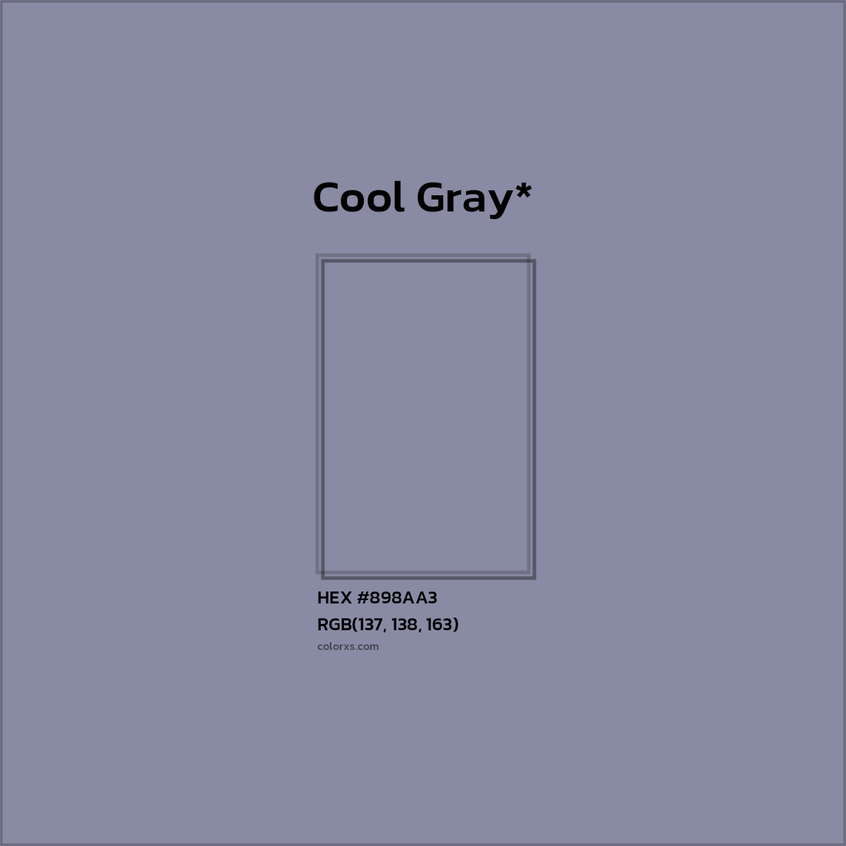 #898AA3 hex color. RGB, RYB, CMYK, HSL, HSV codes and color conversions. Matching color names, palettes, paints.