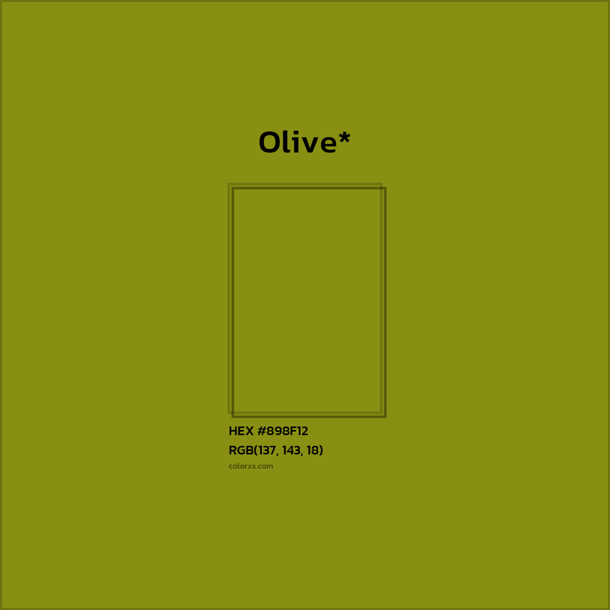 #898F12 hex color. RGB, RYB, CMYK, HSL, HSV codes and color conversions. Matching color names, palettes, paints.