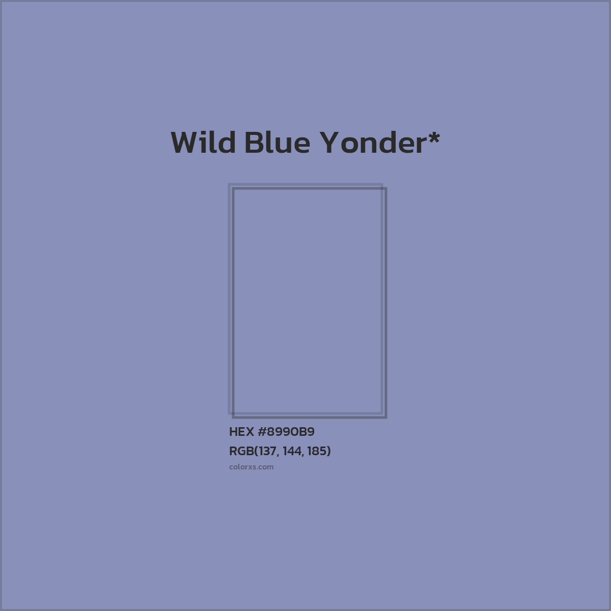 #8990B9 hex color. RGB, RYB, CMYK, HSL, HSV codes and color conversions. Matching color names, palettes, paints.
