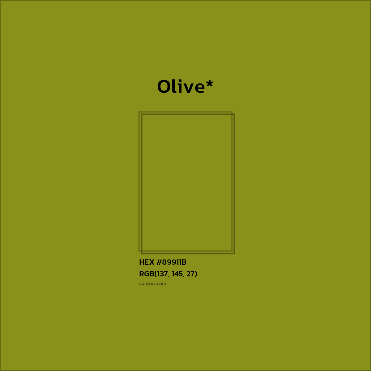 #89911B hex color. RGB, RYB, CMYK, HSL, HSV codes and color conversions. Matching color names, palettes, paints.