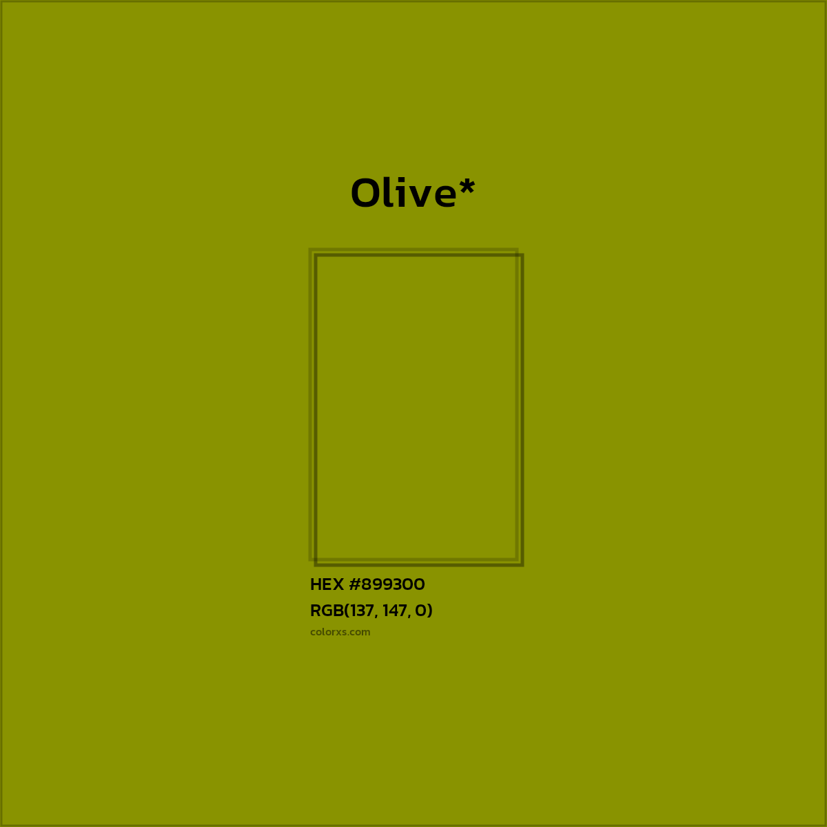 #899300 hex color. RGB, RYB, CMYK, HSL, HSV codes and color conversions. Matching color names, palettes, paints.