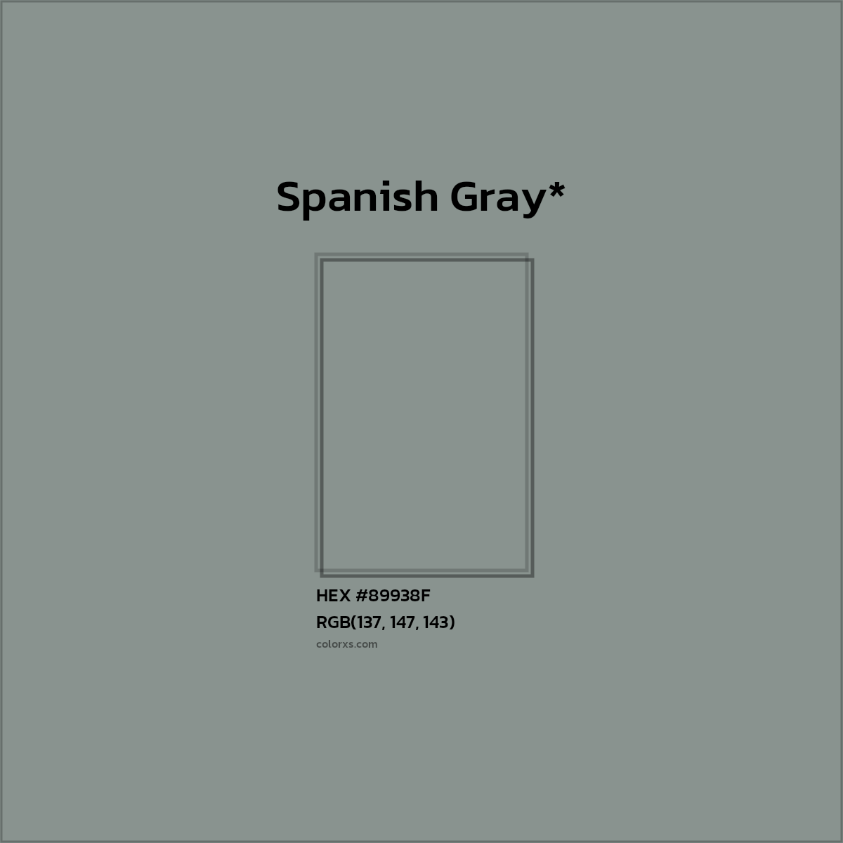 #89938F hex color. RGB, RYB, CMYK, HSL, HSV codes and color conversions. Matching color names, palettes, paints.