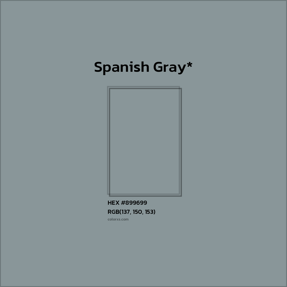 #899699 hex color. RGB, RYB, CMYK, HSL, HSV codes and color conversions. Matching color names, palettes, paints.