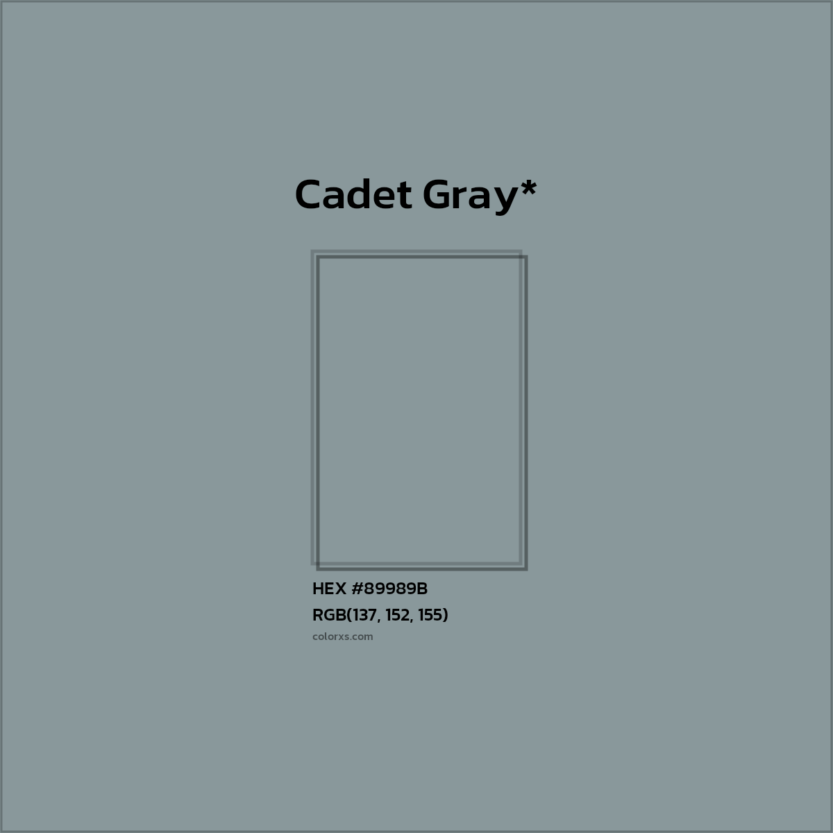 #89989B hex color. RGB, RYB, CMYK, HSL, HSV codes and color conversions. Matching color names, palettes, paints.