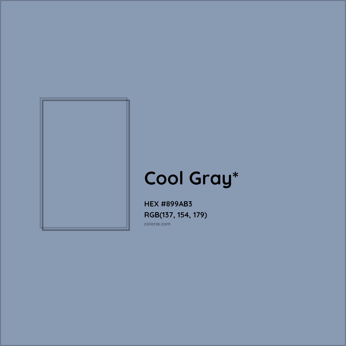 #899AB3 hex color. RGB, RYB, CMYK, HSL, HSV codes and color conversions. Matching color names, palettes, paints.