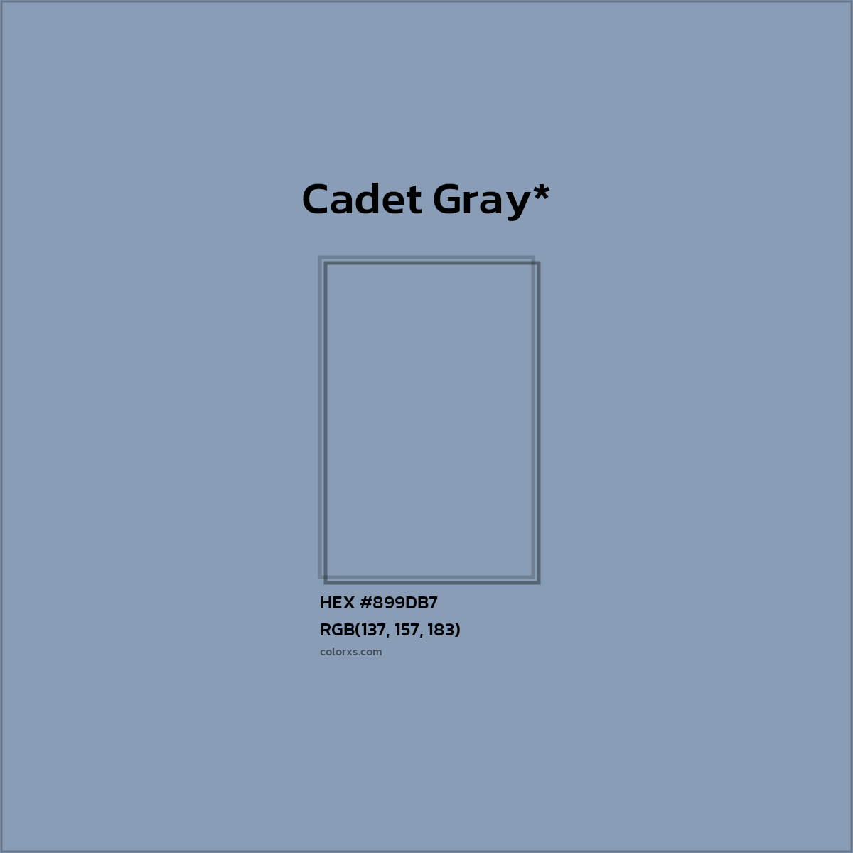 #899DB7 hex color. RGB, RYB, CMYK, HSL, HSV codes and color conversions. Matching color names, palettes, paints.