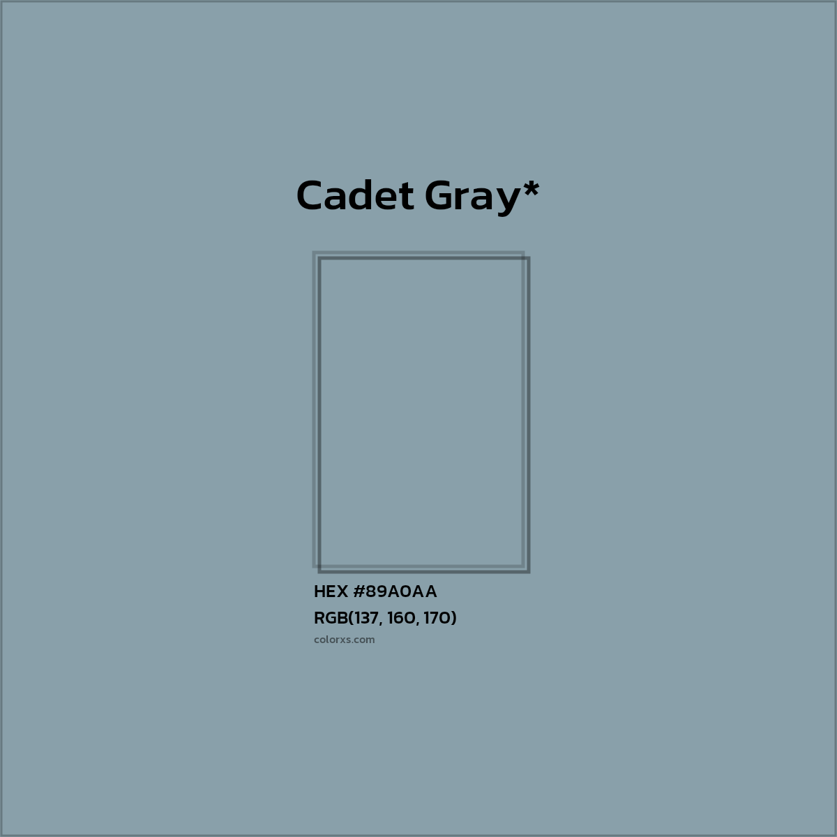 #89A0AA hex color. RGB, RYB, CMYK, HSL, HSV codes and color conversions. Matching color names, palettes, paints.