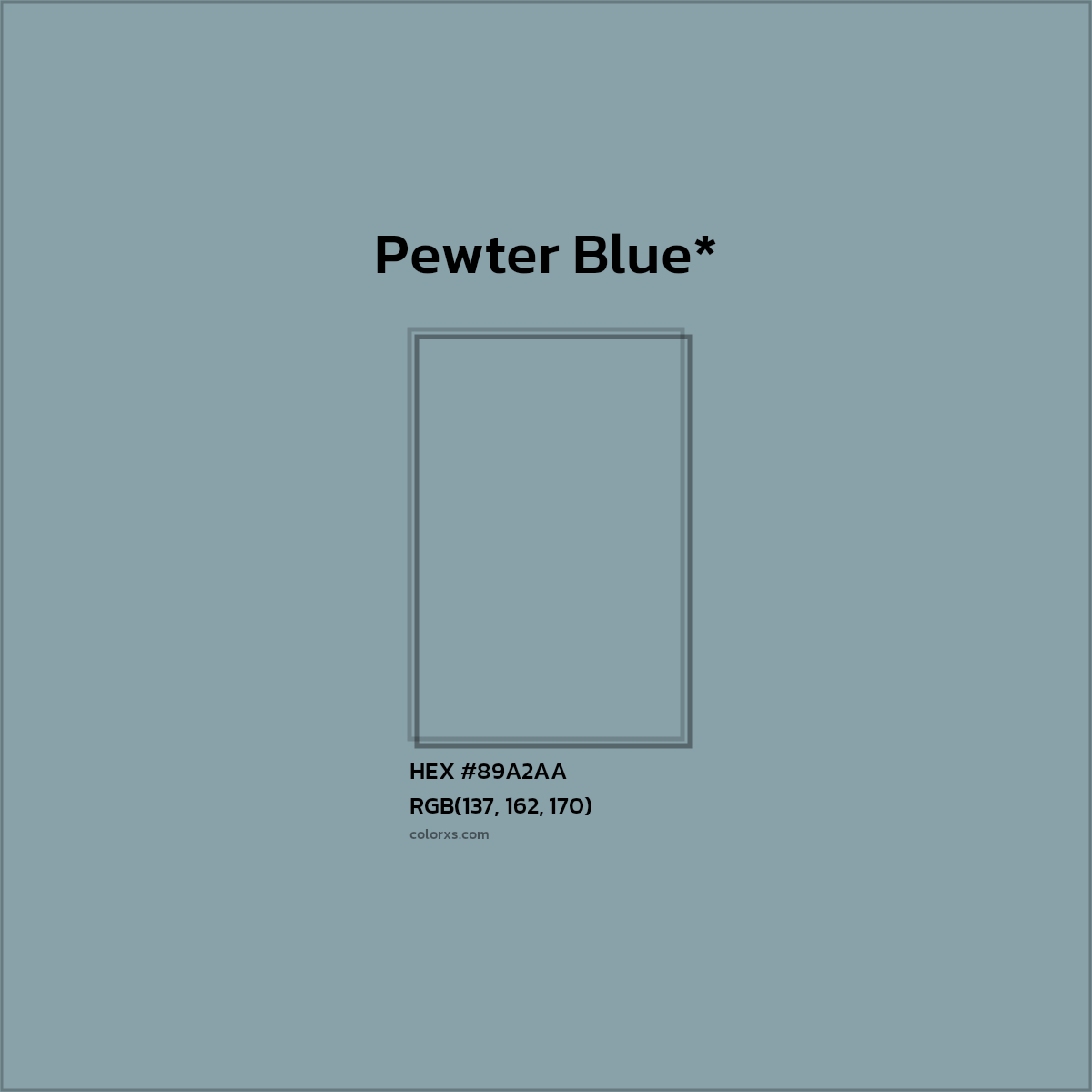 #89A2AA hex color. RGB, RYB, CMYK, HSL, HSV codes and color conversions. Matching color names, palettes, paints.
