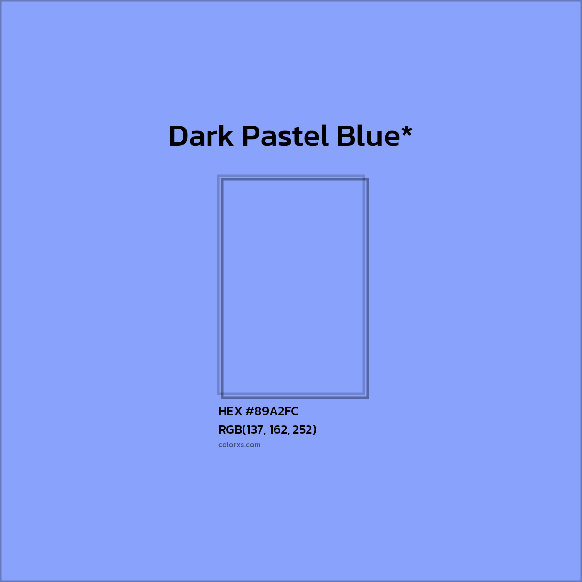 #89A2FC hex color. RGB, RYB, CMYK, HSL, HSV codes and color conversions. Matching color names, palettes, paints.