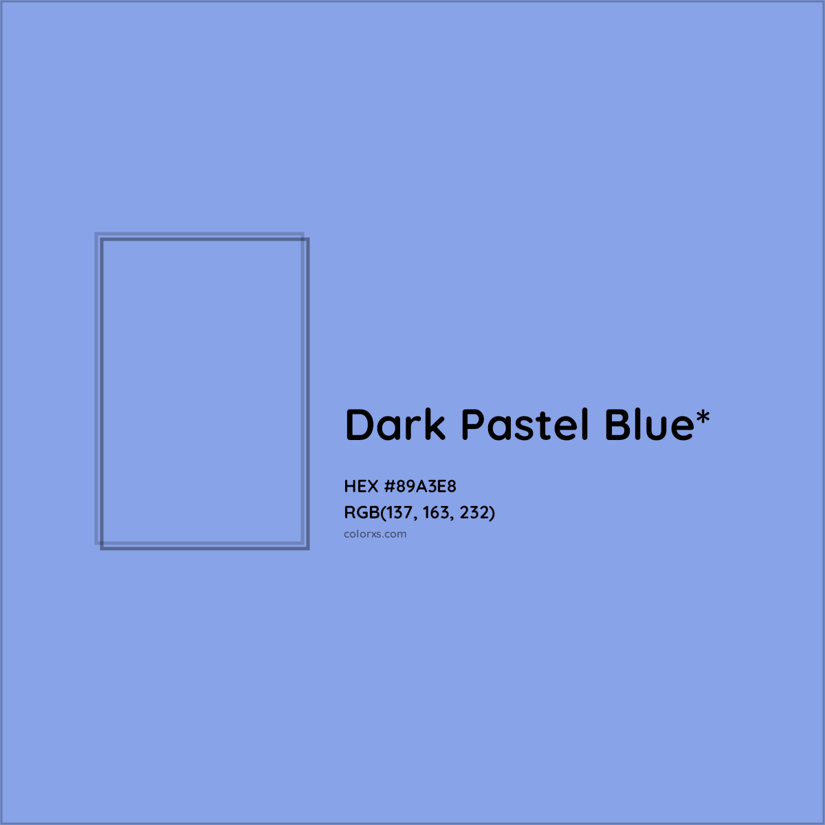 #89A3E8 hex color. RGB, RYB, CMYK, HSL, HSV codes and color conversions. Matching color names, palettes, paints.