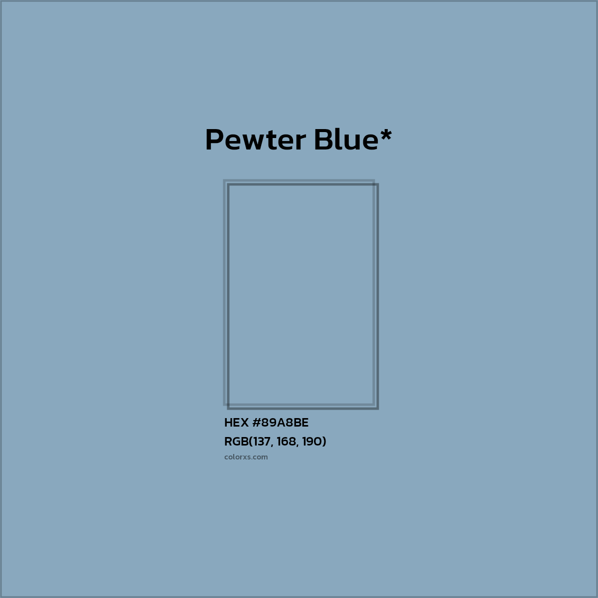 #89A8BE hex color. RGB, RYB, CMYK, HSL, HSV codes and color conversions. Matching color names, palettes, paints.
