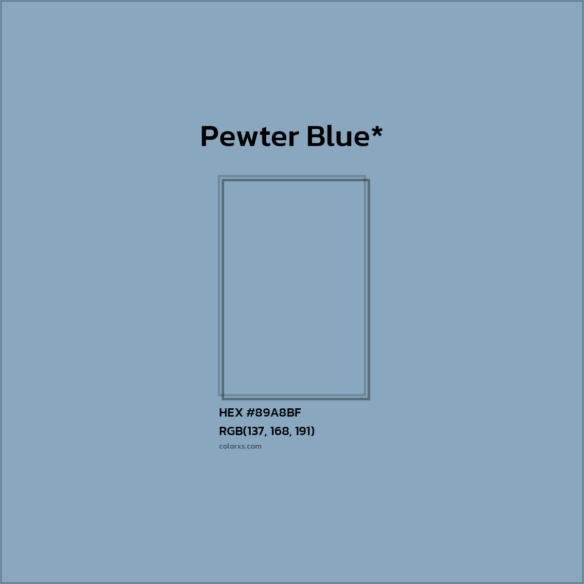 #89A8BF hex color. RGB, RYB, CMYK, HSL, HSV codes and color conversions. Matching color names, palettes, paints.