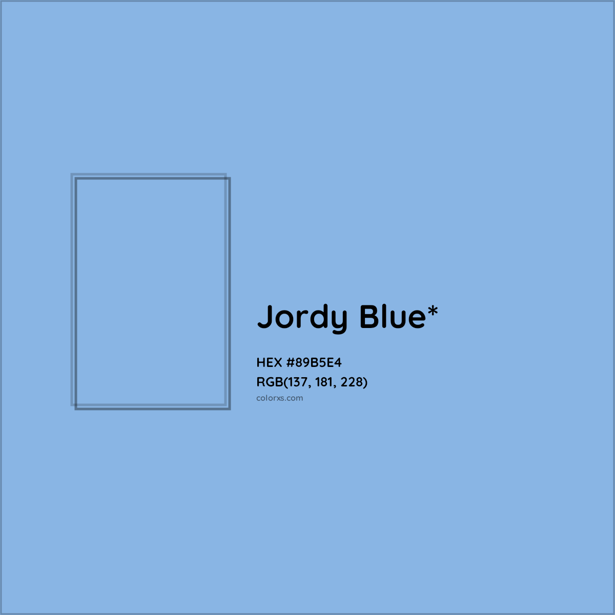 #89B5E4 hex color. RGB, RYB, CMYK, HSL, HSV codes and color conversions. Matching color names, palettes, paints.
