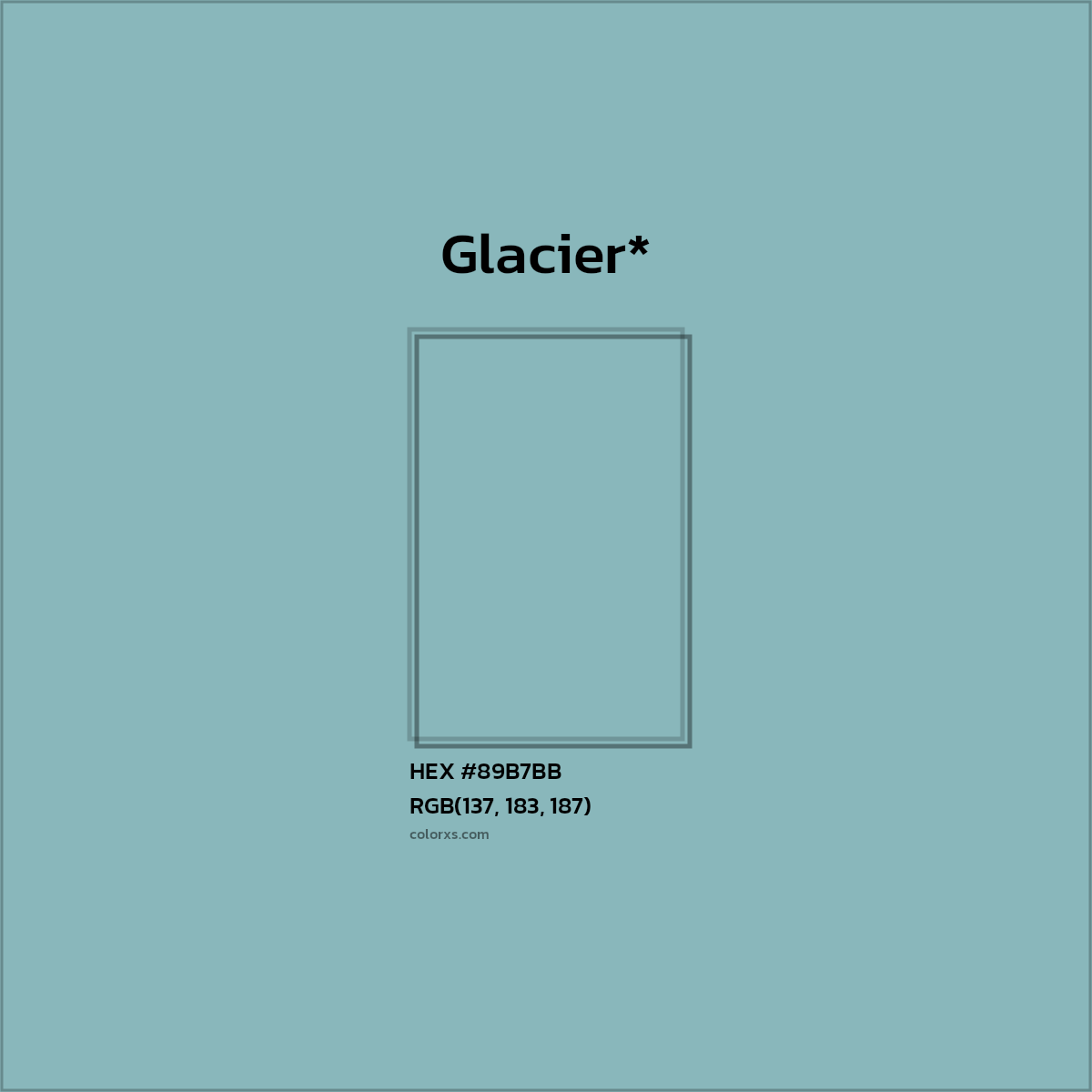 #89B7BB hex color. RGB, RYB, CMYK, HSL, HSV codes and color conversions. Matching color names, palettes, paints.