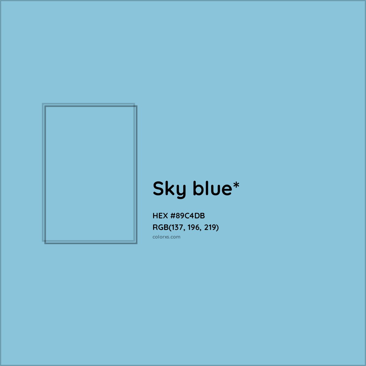 #89C4DB hex color. RGB, RYB, CMYK, HSL, HSV codes and color conversions. Matching color names, palettes, paints.