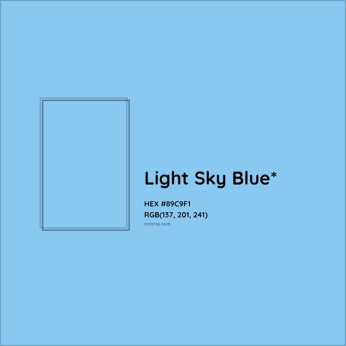 #89C9F1 hex color. RGB, RYB, CMYK, HSL, HSV codes and color conversions. Matching color names, palettes, paints.
