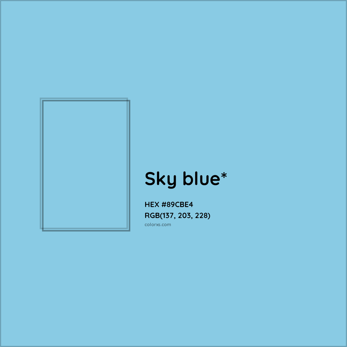 #89CBE4 hex color. RGB, RYB, CMYK, HSL, HSV codes and color conversions. Matching color names, palettes, paints.