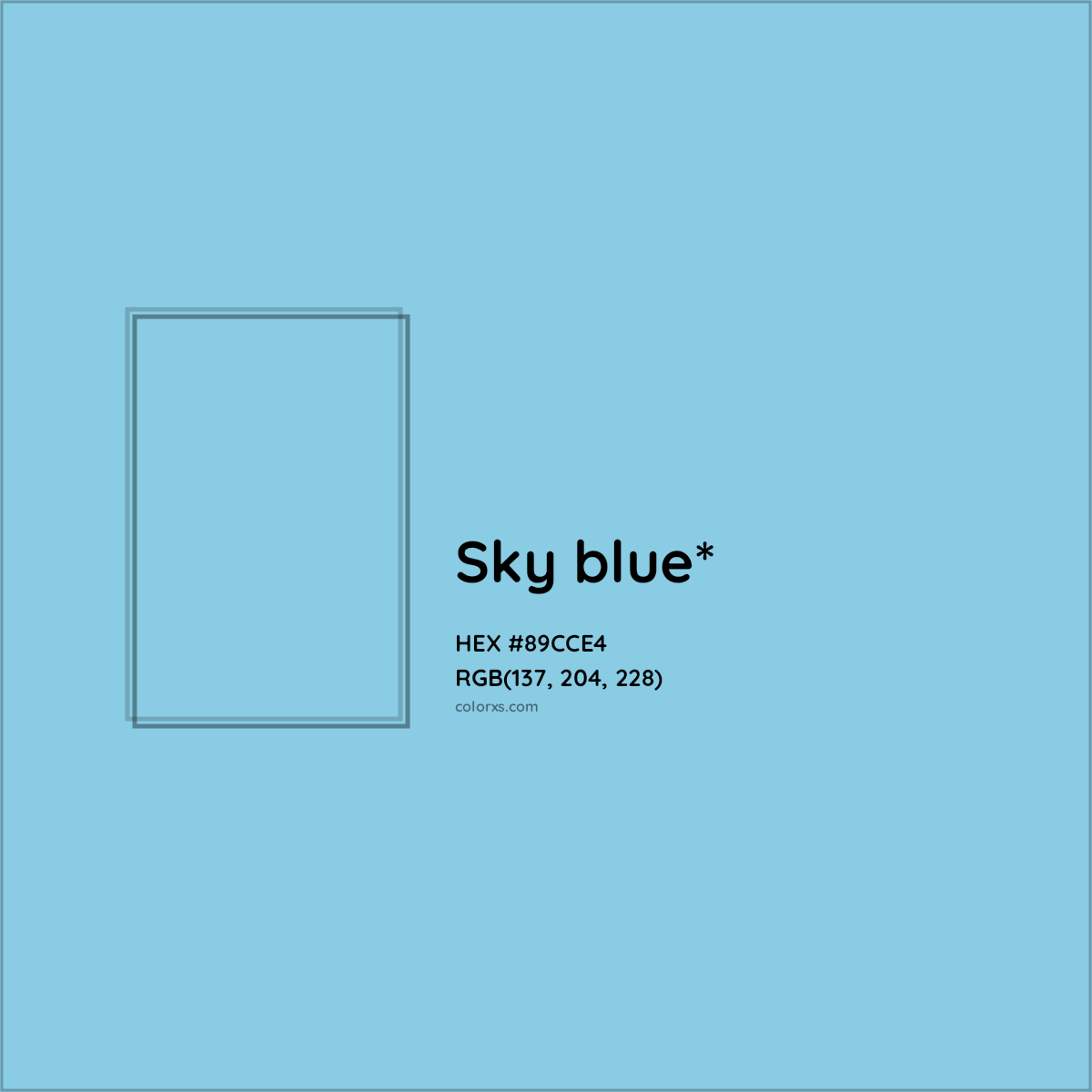 #89CCE4 hex color. RGB, RYB, CMYK, HSL, HSV codes and color conversions. Matching color names, palettes, paints.