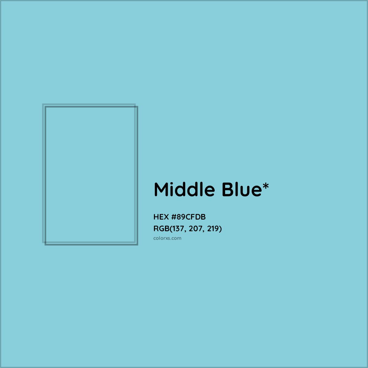 #89CFDB hex color. RGB, RYB, CMYK, HSL, HSV codes and color conversions. Matching color names, palettes, paints.
