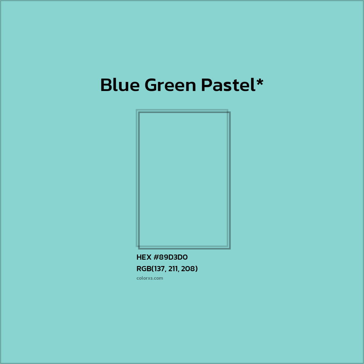 #89D3D0 hex color. RGB, RYB, CMYK, HSL, HSV codes and color conversions. Matching color names, palettes, paints.