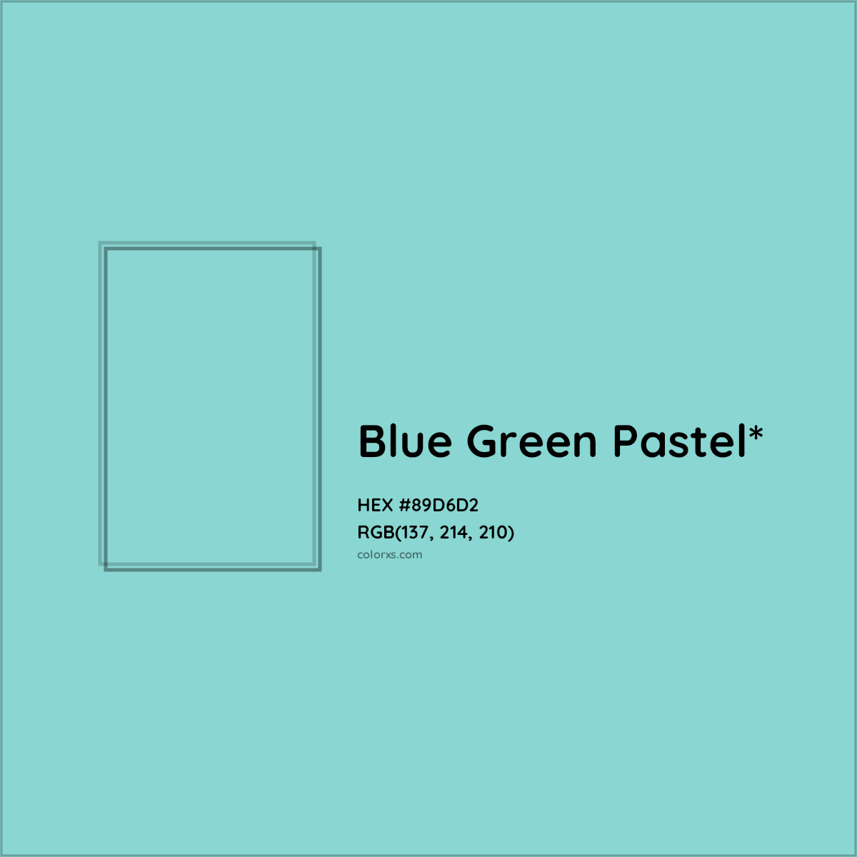 #89D6D2 hex color. RGB, RYB, CMYK, HSL, HSV codes and color conversions. Matching color names, palettes, paints.