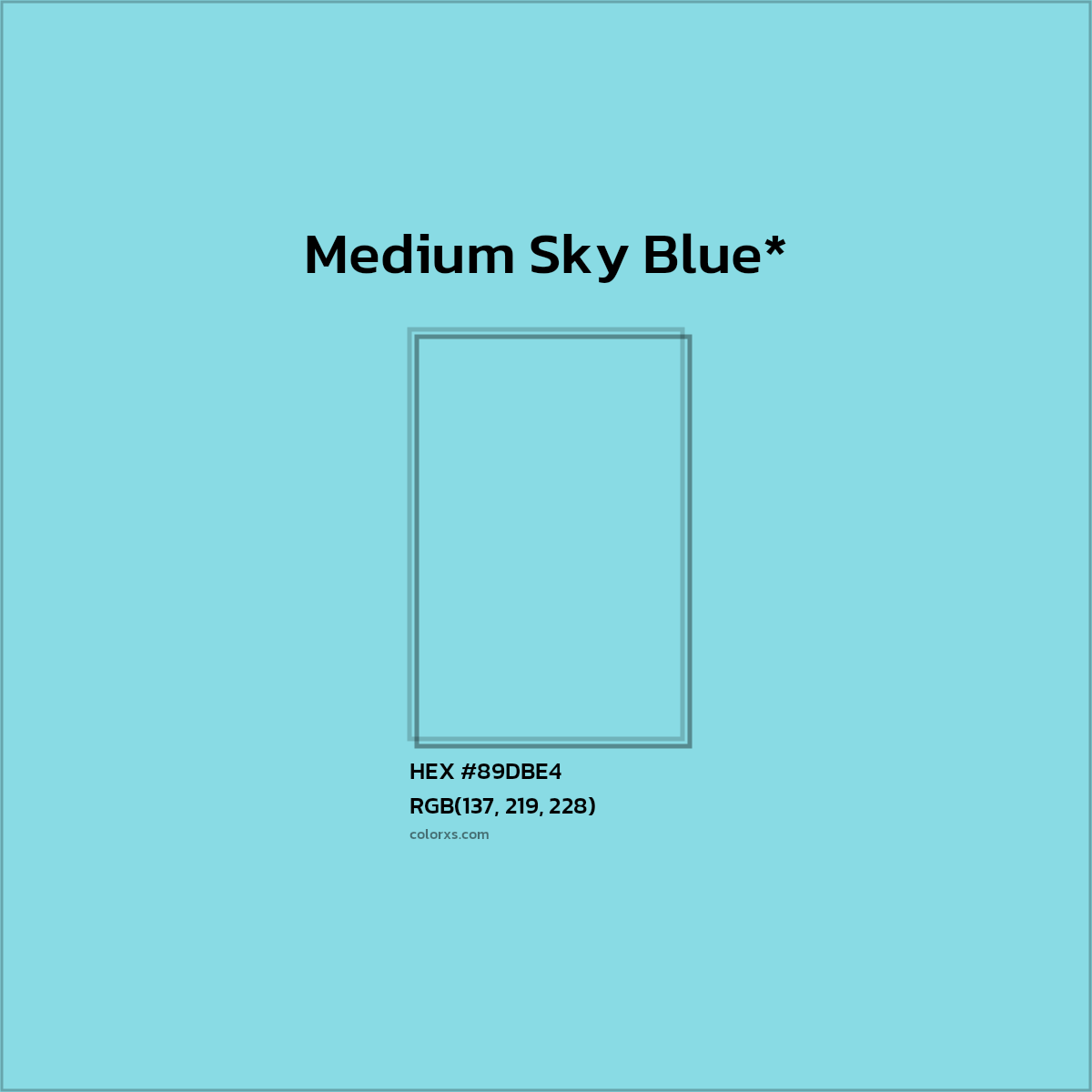 #89DBE4 hex color. RGB, RYB, CMYK, HSL, HSV codes and color conversions. Matching color names, palettes, paints.