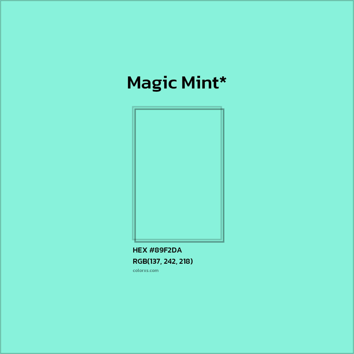 #89F2DA hex color. RGB, RYB, CMYK, HSL, HSV codes and color conversions. Matching color names, palettes, paints.