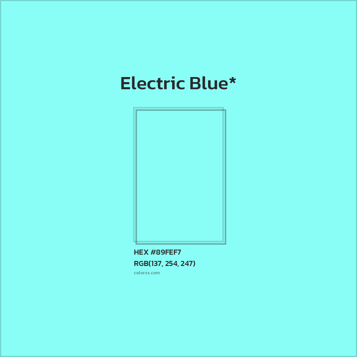 #89FEF7 hex color. RGB, RYB, CMYK, HSL, HSV codes and color conversions. Matching color names, palettes, paints.