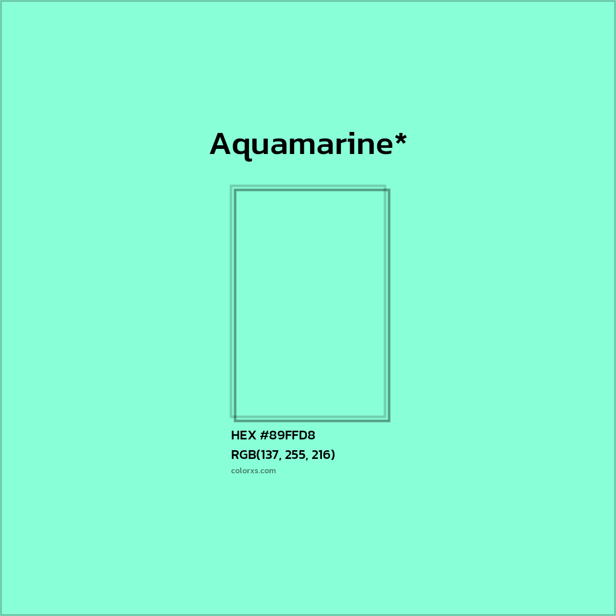 #89FFD8 hex color. RGB, RYB, CMYK, HSL, HSV codes and color conversions. Matching color names, palettes, paints.