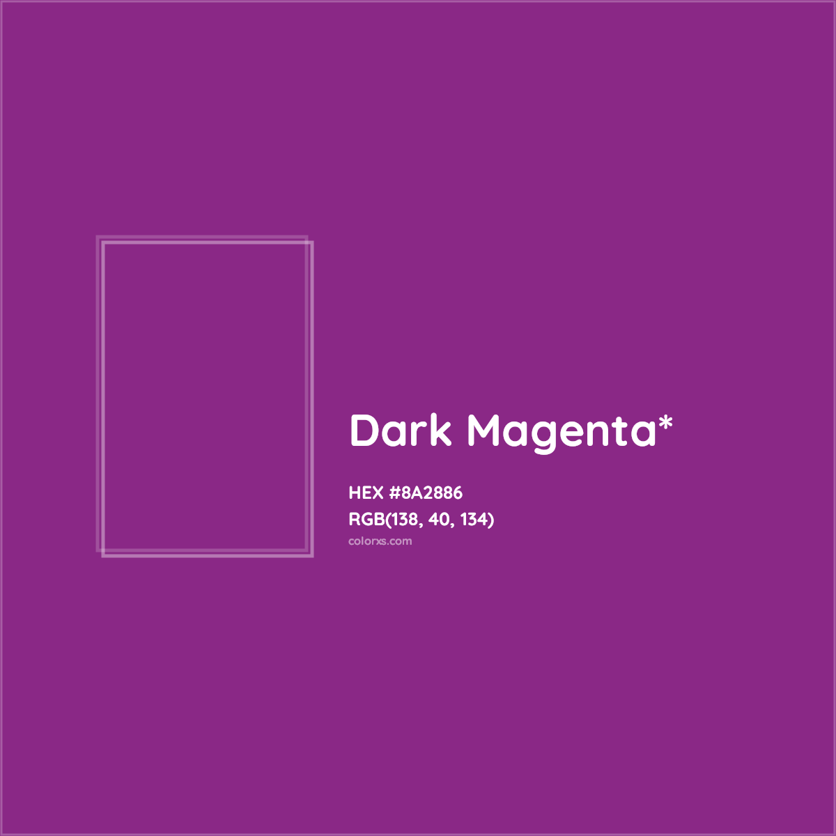 #8A2886 hex color. RGB, RYB, CMYK, HSL, HSV codes and color conversions. Matching color names, palettes, paints.