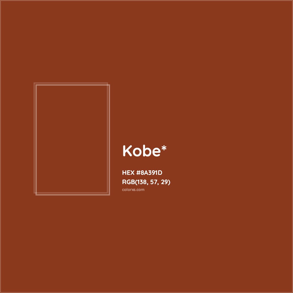 #8A391D hex color. RGB, RYB, CMYK, HSL, HSV codes and color conversions. Matching color names, palettes, paints.