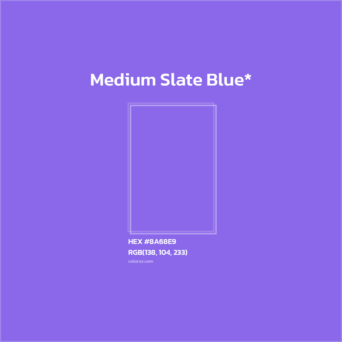 #8A68E9 hex color. RGB, RYB, CMYK, HSL, HSV codes and color conversions. Matching color names, palettes, paints.