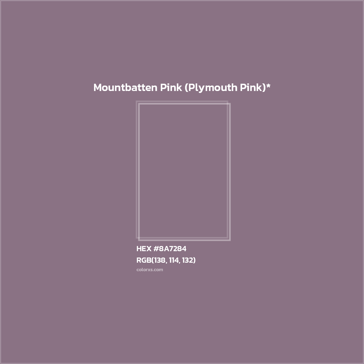 #8A7284 hex color. RGB, RYB, CMYK, HSL, HSV codes and color conversions. Matching color names, palettes, paints.
