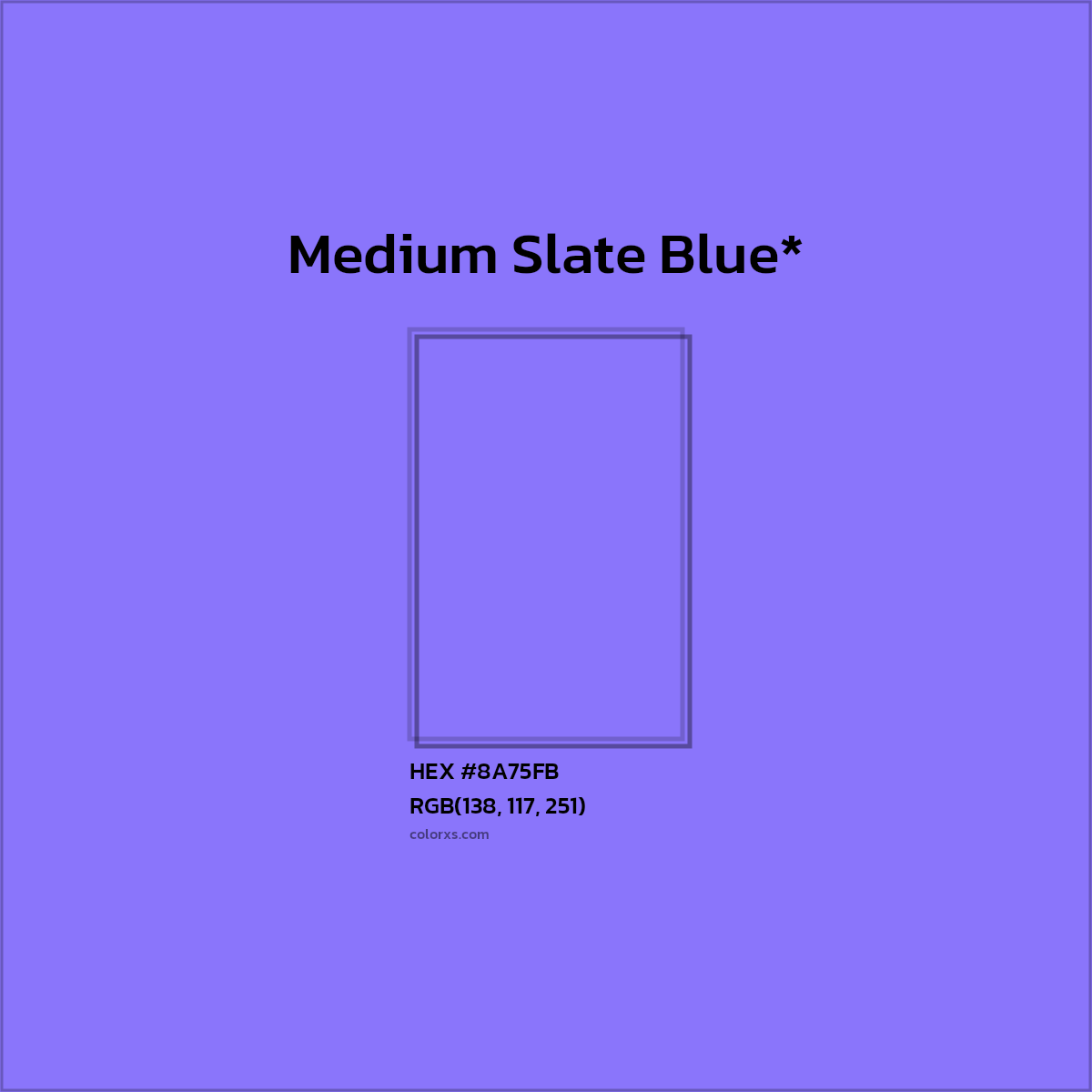 #8A75FB hex color. RGB, RYB, CMYK, HSL, HSV codes and color conversions. Matching color names, palettes, paints.