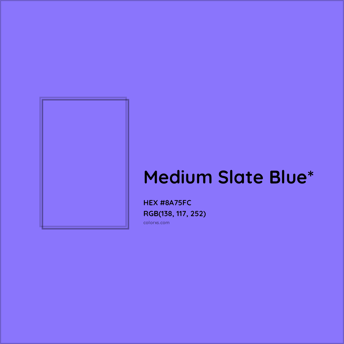 #8A75FC hex color. RGB, RYB, CMYK, HSL, HSV codes and color conversions. Matching color names, palettes, paints.