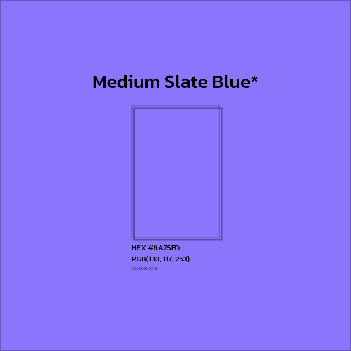 #8A75FD hex color. RGB, RYB, CMYK, HSL, HSV codes and color conversions. Matching color names, palettes, paints.