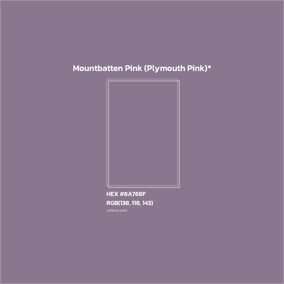 #8A768F hex color. RGB, RYB, CMYK, HSL, HSV codes and color conversions. Matching color names, palettes, paints.