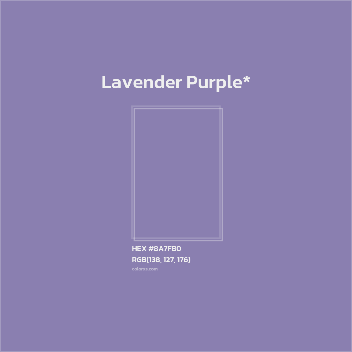 #8A7FB0 hex color. RGB, RYB, CMYK, HSL, HSV codes and color conversions. Matching color names, palettes, paints.