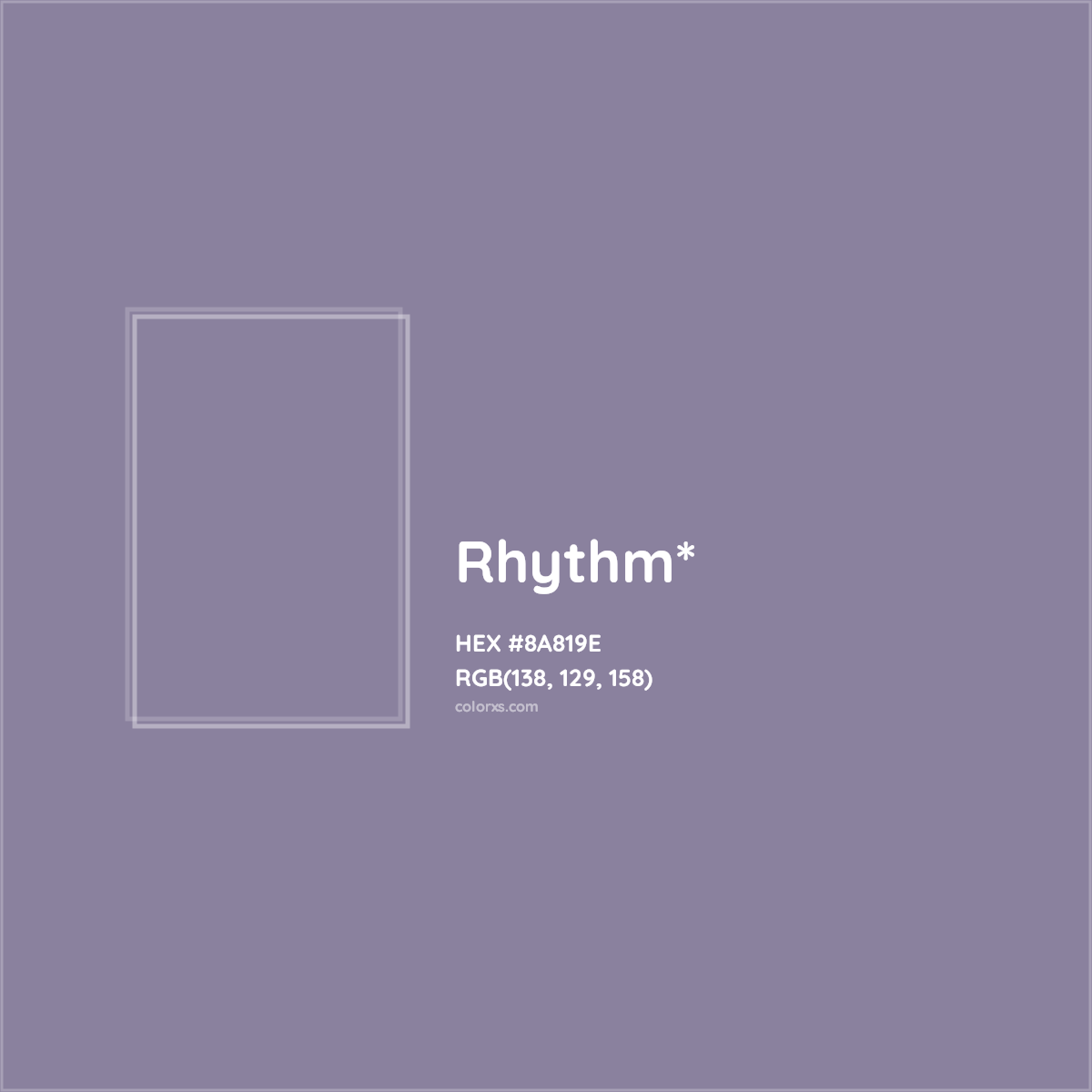 #8A819E hex color. RGB, RYB, CMYK, HSL, HSV codes and color conversions. Matching color names, palettes, paints.