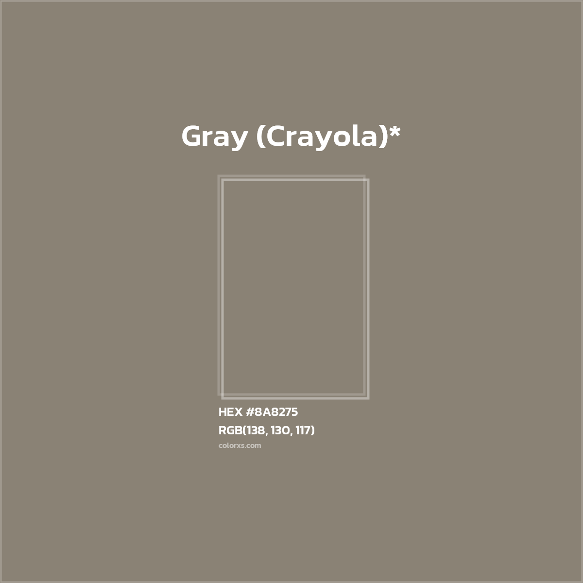 #8A8275 hex color. RGB, RYB, CMYK, HSL, HSV codes and color conversions. Matching color names, palettes, paints.