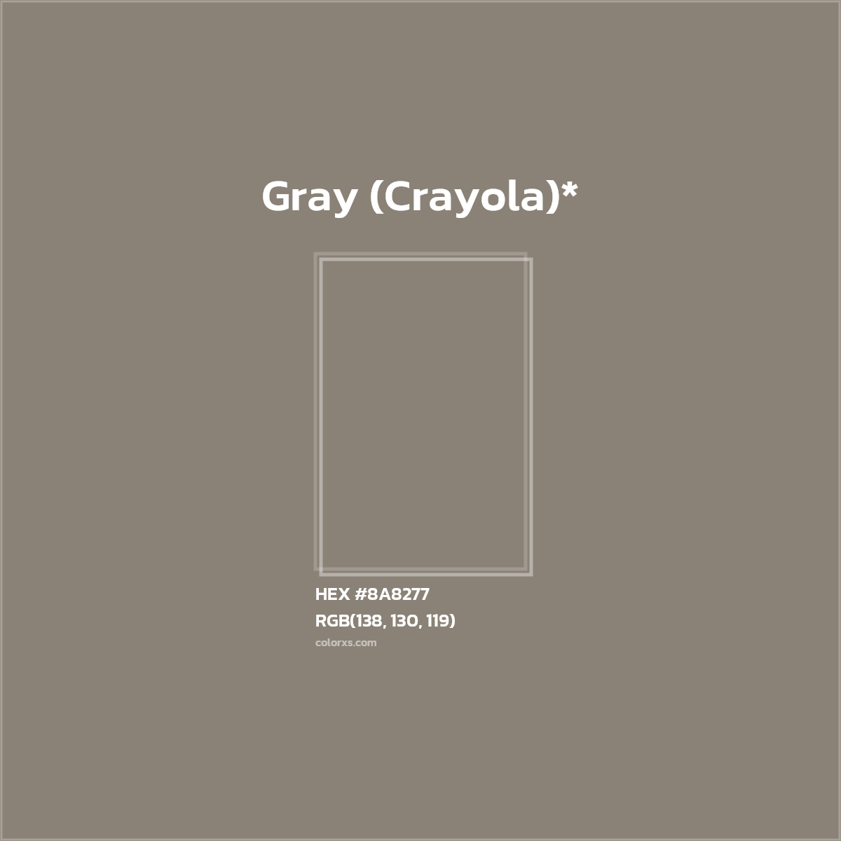 #8A8277 hex color. RGB, RYB, CMYK, HSL, HSV codes and color conversions. Matching color names, palettes, paints.