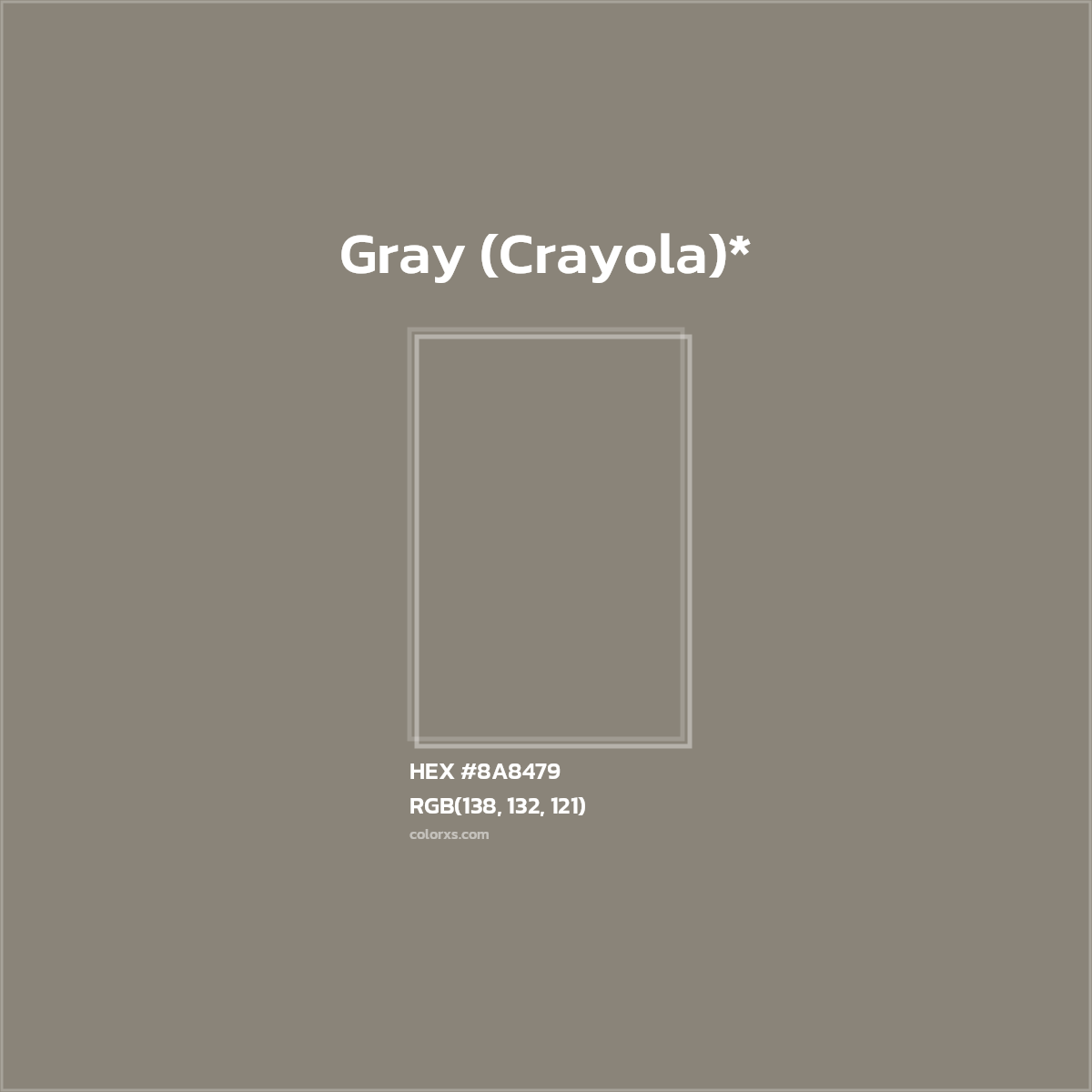 #8A8479 hex color. RGB, RYB, CMYK, HSL, HSV codes and color conversions. Matching color names, palettes, paints.